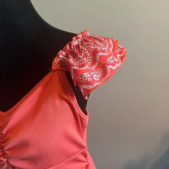 SHEIN Orange Ruched Tank with Patterned Ruffle - Picture 4 of 5